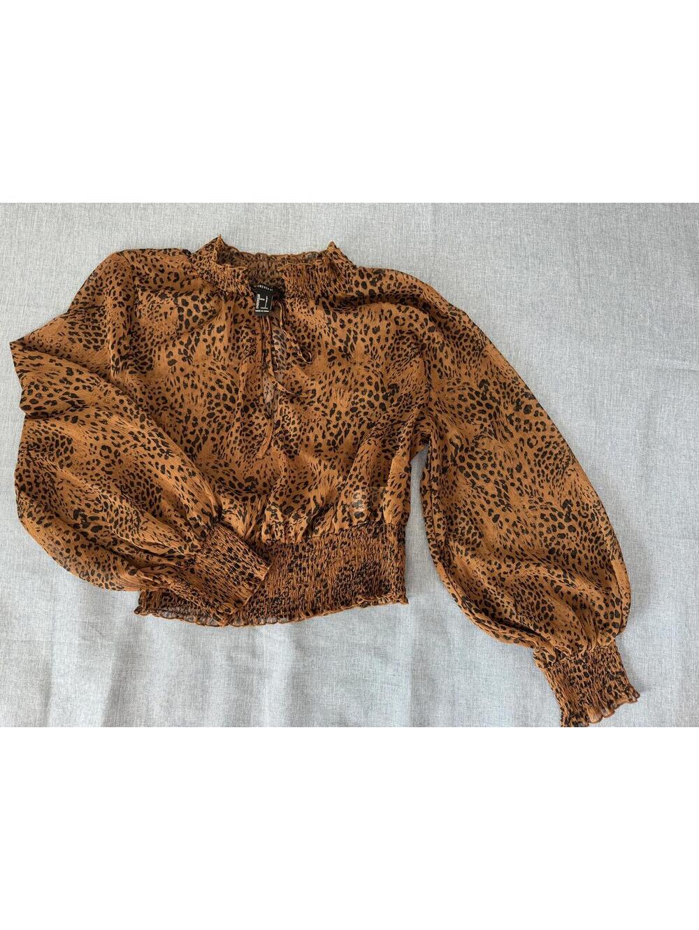 Forever 21 Leopard Print Smocked Peasant Blouse | Sheer Boho Top - Picture 4 of 8